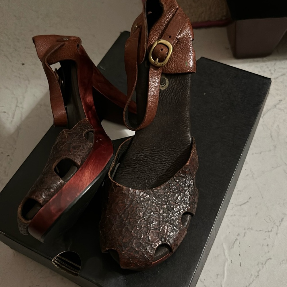 Calleen Cordero wood platform sandals heels embossed leather sculpted heel